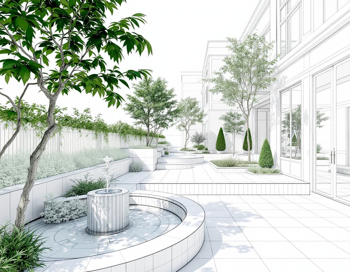AI generated: “A 3D wireframe-style visualization, similar to Revit renderings, of a residential courtyard with a ...