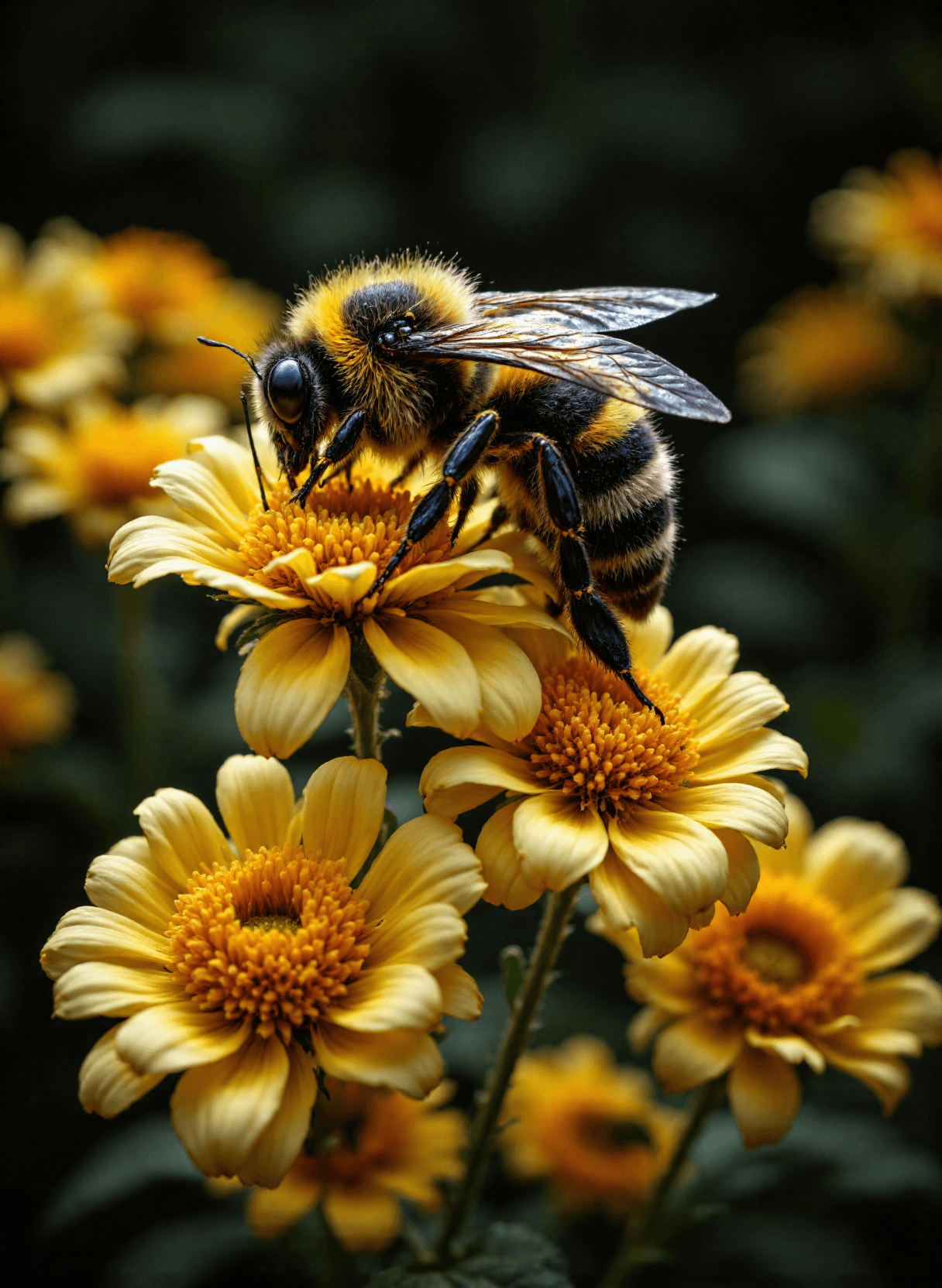 AI generated: The image depicts a close-up view of a bumblebee perched on yellow flowers. The bee's body is covere...