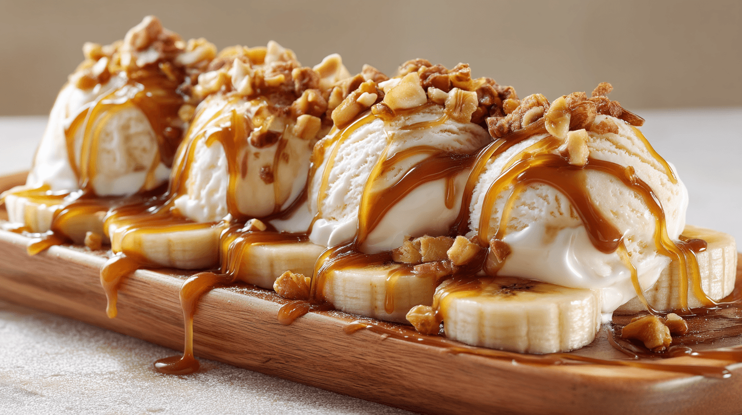 AI generated: Banana split dessert, close-up, three scoops of vanilla ice cream layered on sliced bananas, drizzle...