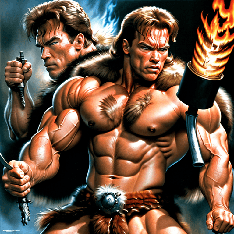 AI generated: arnold schwarzenegger conan as , muscular, rugged, fur pelt, aggressive, battle pose, holding a flam...