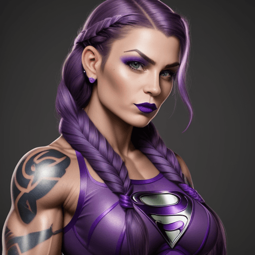 AI generated: muscular woman, tattoos, purple lipstick, purple braided hair, superhero outfit, looking at camera