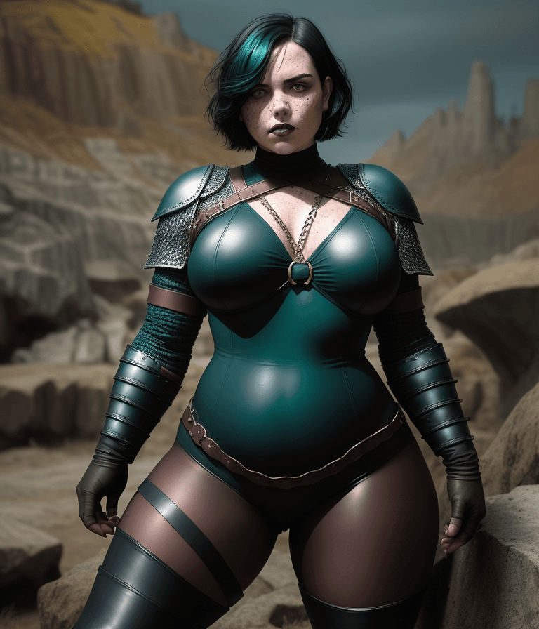 AI generated: It is D&D world, dynamic pose, girl, chubby, she has short length black hair and teal highlights, Sc...