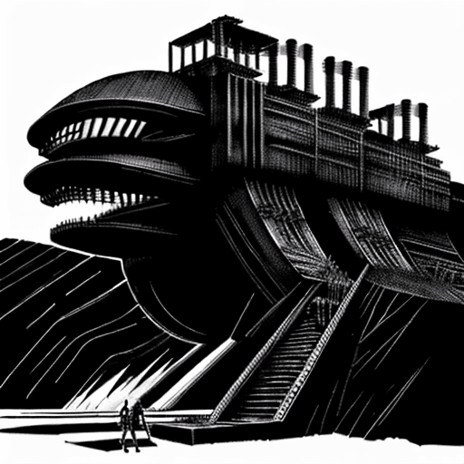 AI generated: old manga style drawing of a futuristic and menacing industrial structure inspired in tsutomu nihei ...