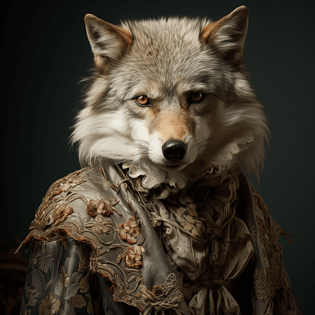 AI generated: Fashion photography, anthropomorphic [animal] photo, 1900s renaissance clothing, fantasy, insanely d...
