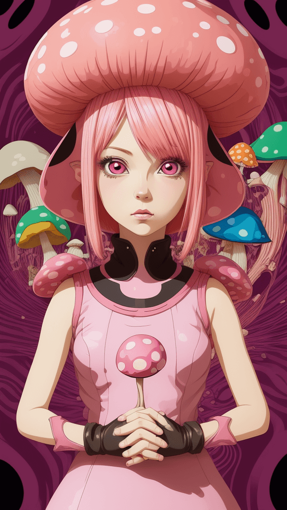 AI generated: in a funky background portrait of little mushroom woman, pink hair, Prominent eyes, funky background...