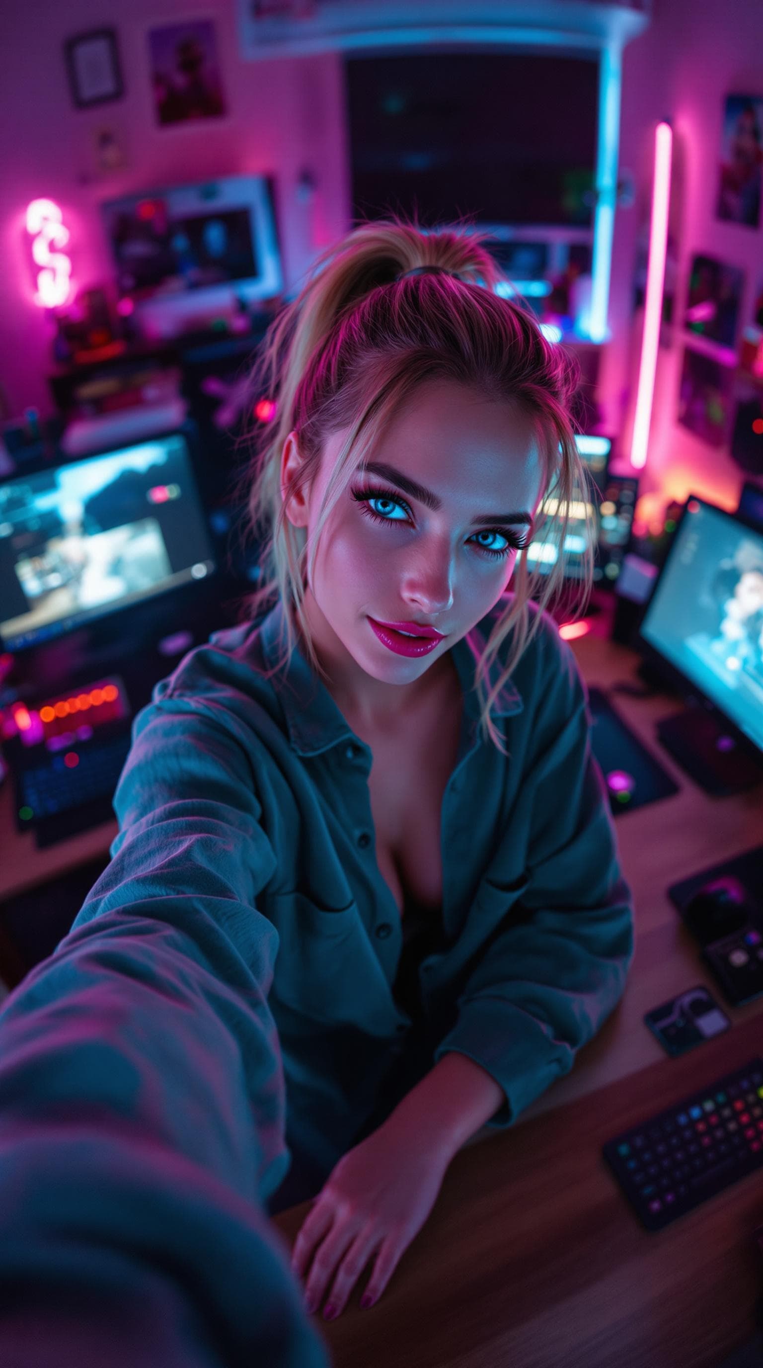 AI generated: Low- angle GoPro shot frames russian supermodel beauty sitting confidently at a cluttered desk, surr...