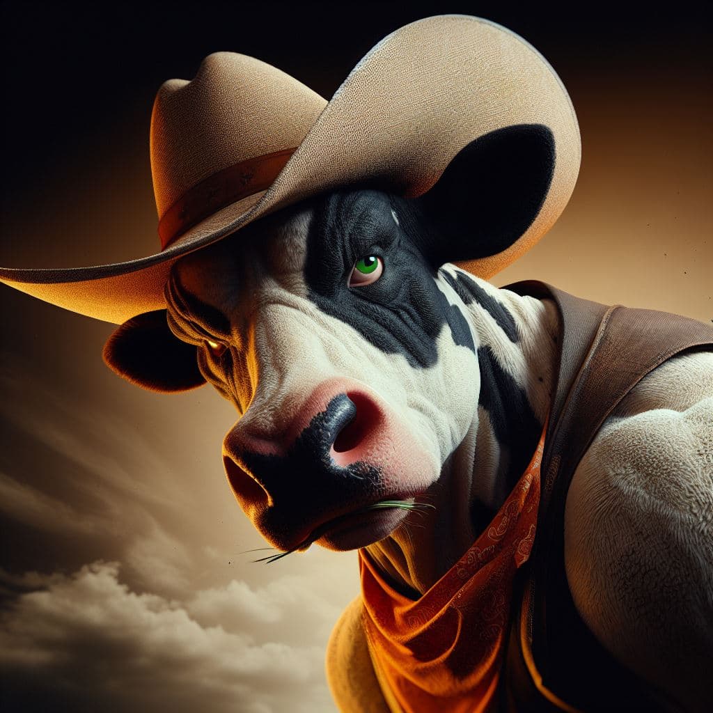 AI generated: Anthropomorphic cow cowboy in dynamics, highly detailed, packed with hidden details, style, high dyn...