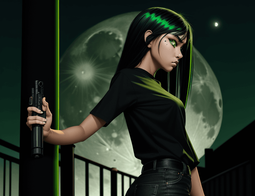 AI generated: side view emo beautiful tan skin girl. 18. green eye iris. black shirt. green highlights on black ha...