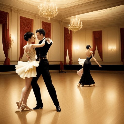 AI generated: generate image of 4 couples of men and women dancing waltz with ballroom dance costumes inside a ver...