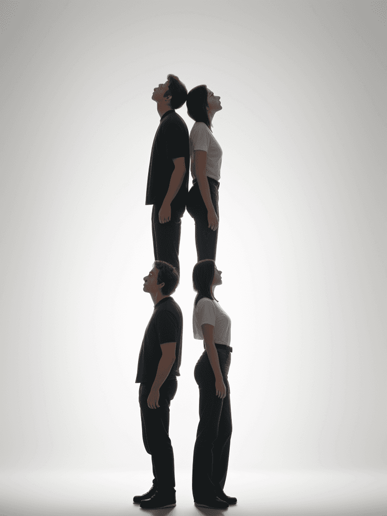 AI generated: two people standing back to back with one person looking up, cinematic, white background, 8k