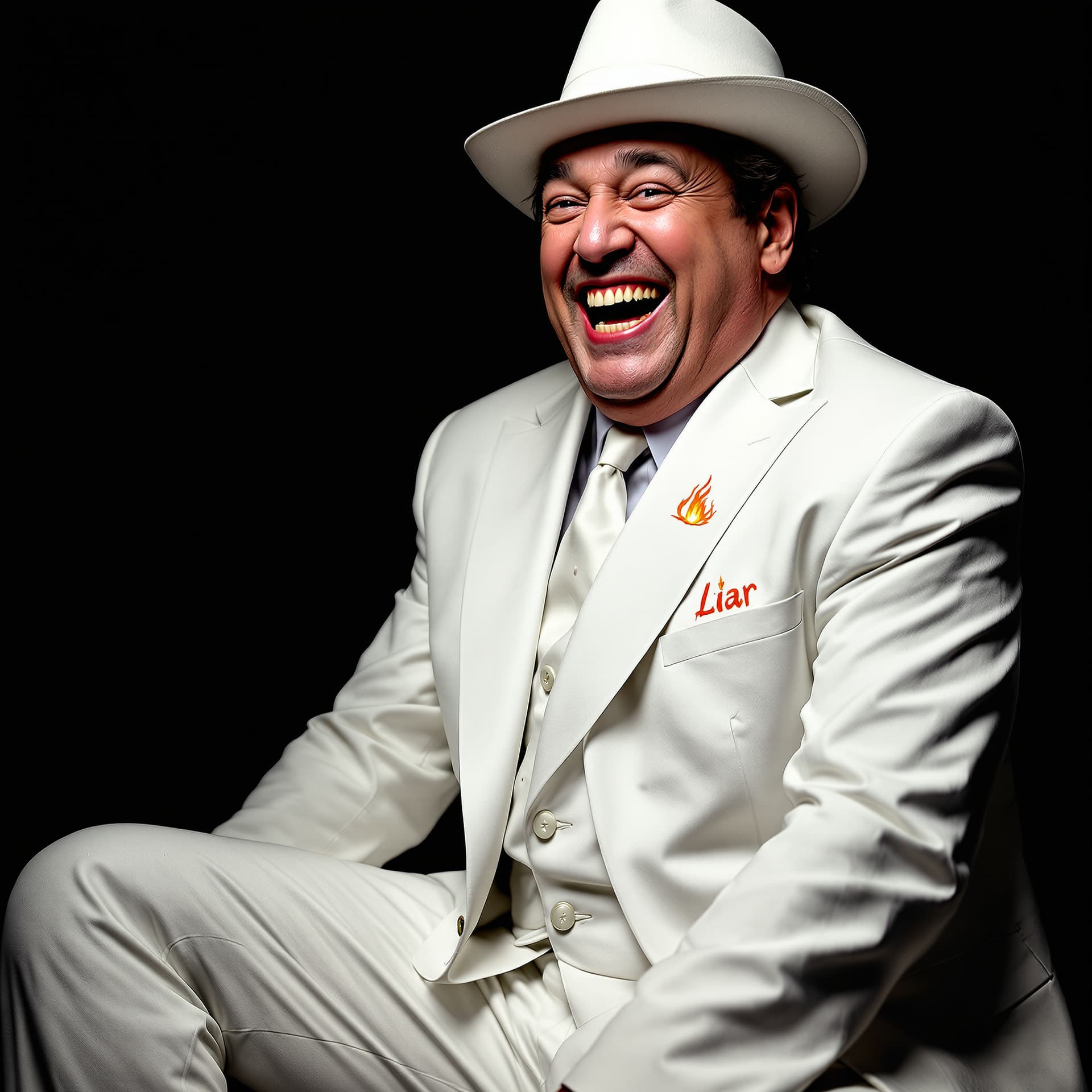 AI generated: It says in the print above. Liar. Liar, pants on fire. Man in a white suit and hat, his pants on fir...