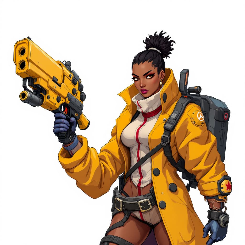 AI generated: a woman in a yellow coat holding a gun and a gun, from overwatch, overwatch character concept art, l...