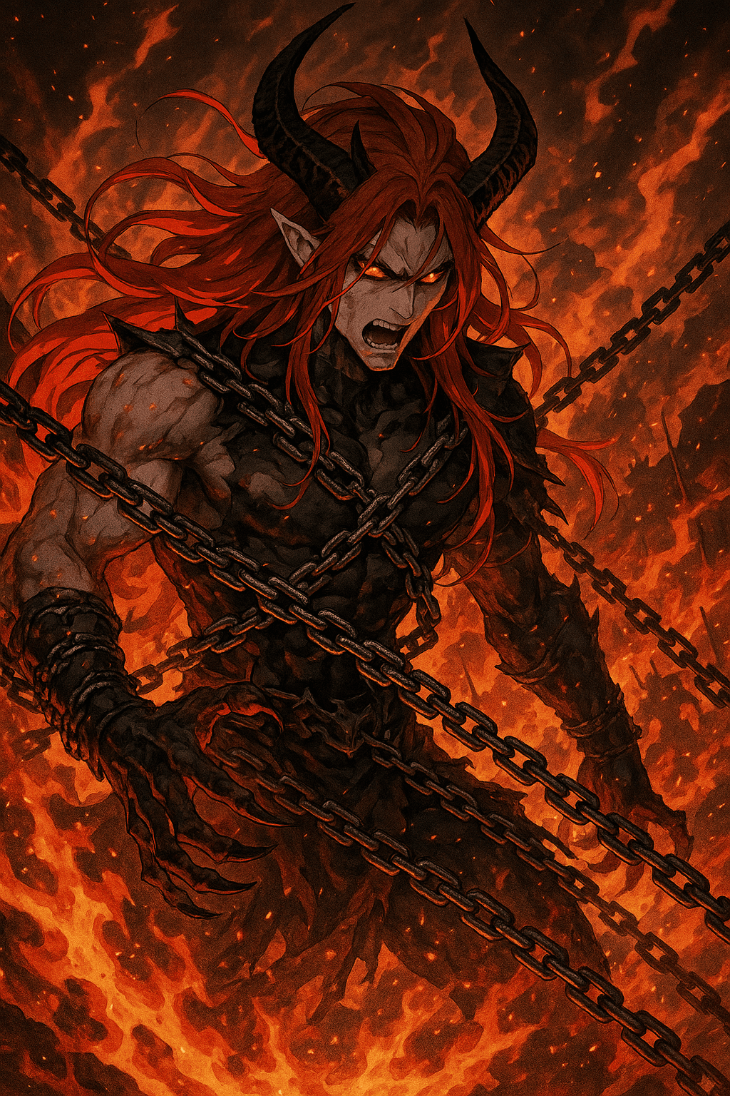 AI generated: /imagine prompt: A demon prince with long red hair, wrapped in chains, surrounded by hellfire, drama...