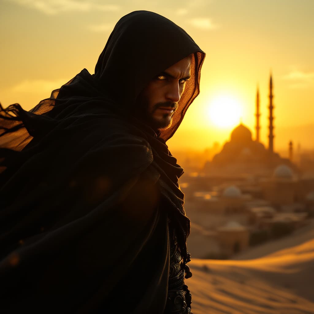 AI generated: "A lone warrior stands atop a sand dune at sunset, wearing a flowing dark cloak that flutters in the...