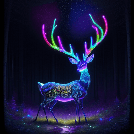 AI generated: masterpiece, highly detailed psychedelic Deer with intricate designs all over its body walking throu...