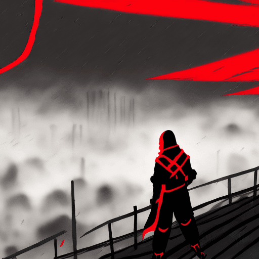 AI generated: a ninja in red and black ninja outfit, glow red eyes:2, at night, black and red buildings , dark fog...