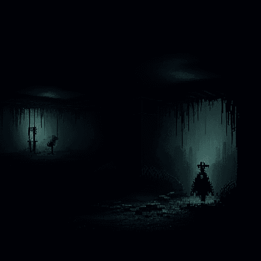 AI generated: Pixelated dark fantasy creature in an abandonded hut with the artstyle of the video game fear and hu...