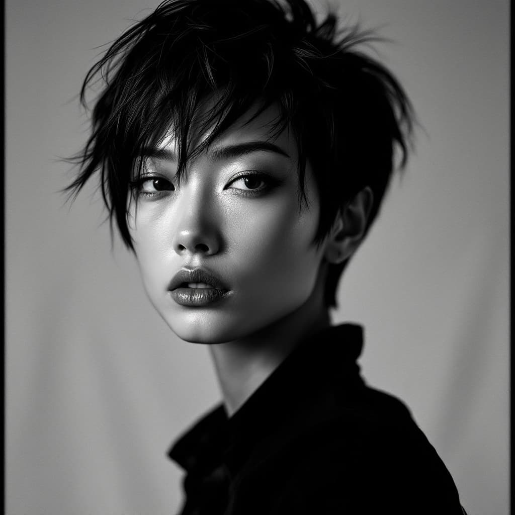 AI generated: High-fashion portrait of an androgynous 55 years old Chinese supermodel with short hair, fashion mag...