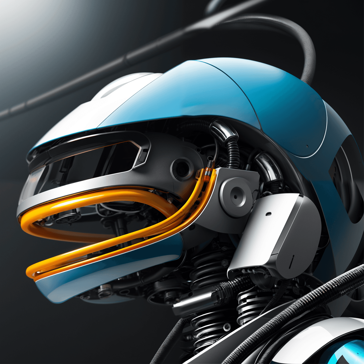 AI generated: solo, teeth, from_side, no_humans, robot, mecha, science_fiction, cable, mechanical_parts, tube