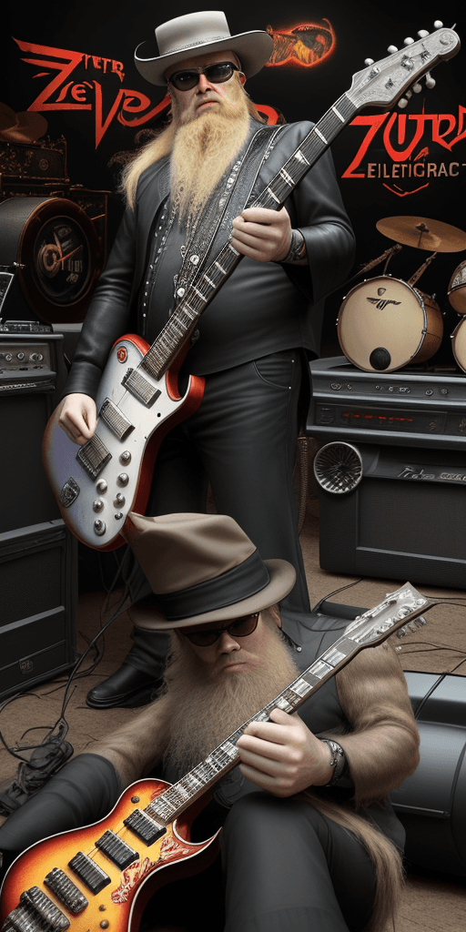 AI generated: Hyper realistic eye INTERIOR WITH ZZTOP SINGER MONKEYS IN MUSIC ACTION WITH ELECTRIC GUITARD AND A F...