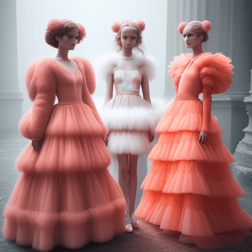 AI generated: disposable photography of fashion models wearing fluffy dress inspired by corals, 8k, photo realism,...