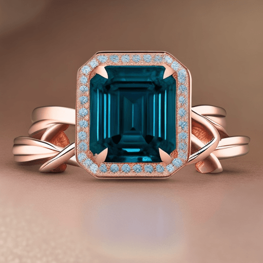 AI generated: Create an elegant ring with two intertwined rose gold bands. At the center, where the bands cross, t...