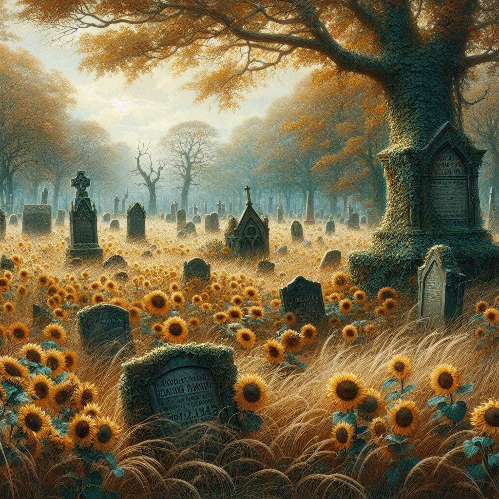 AI generated: Old gravestones among a field of sunflowers