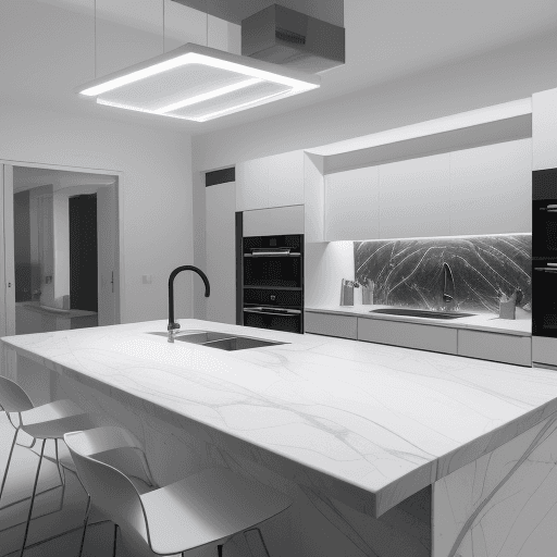 AI generated: modern kitchen, in the pre-dawn light, sleek matte white finishes, with a deep ocean, steel gray, an...
