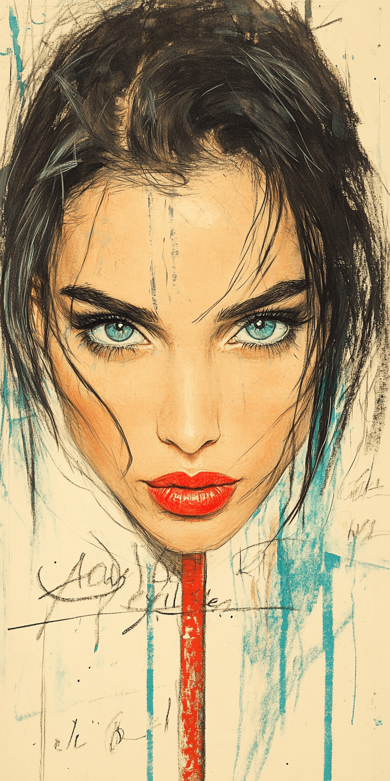AI generated: An expressionist charcoal sketch, a stunning woman with piercing blue-green eyes, bold, intense, sou...