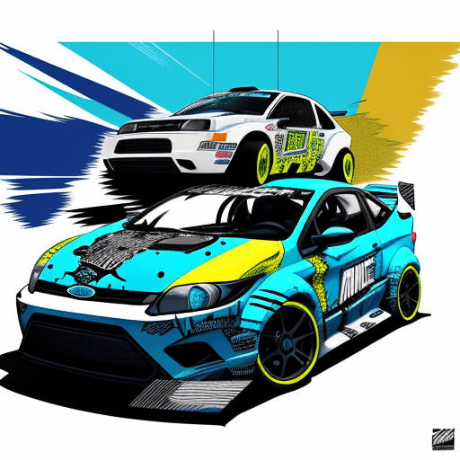 AI generated: oncept art image featuring Ken Block alongside a rally Ford Fiesta in the background, wearing Nike D...
