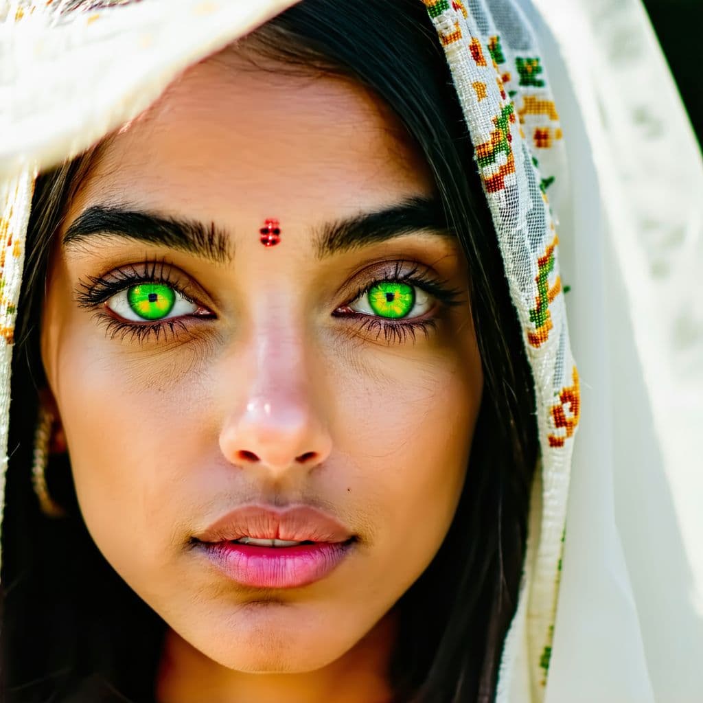 AI generated: close-up of a stunning EAST INDIAN fashion model WITH GREEN EYES, ultra-realistic portrait, shot on ...