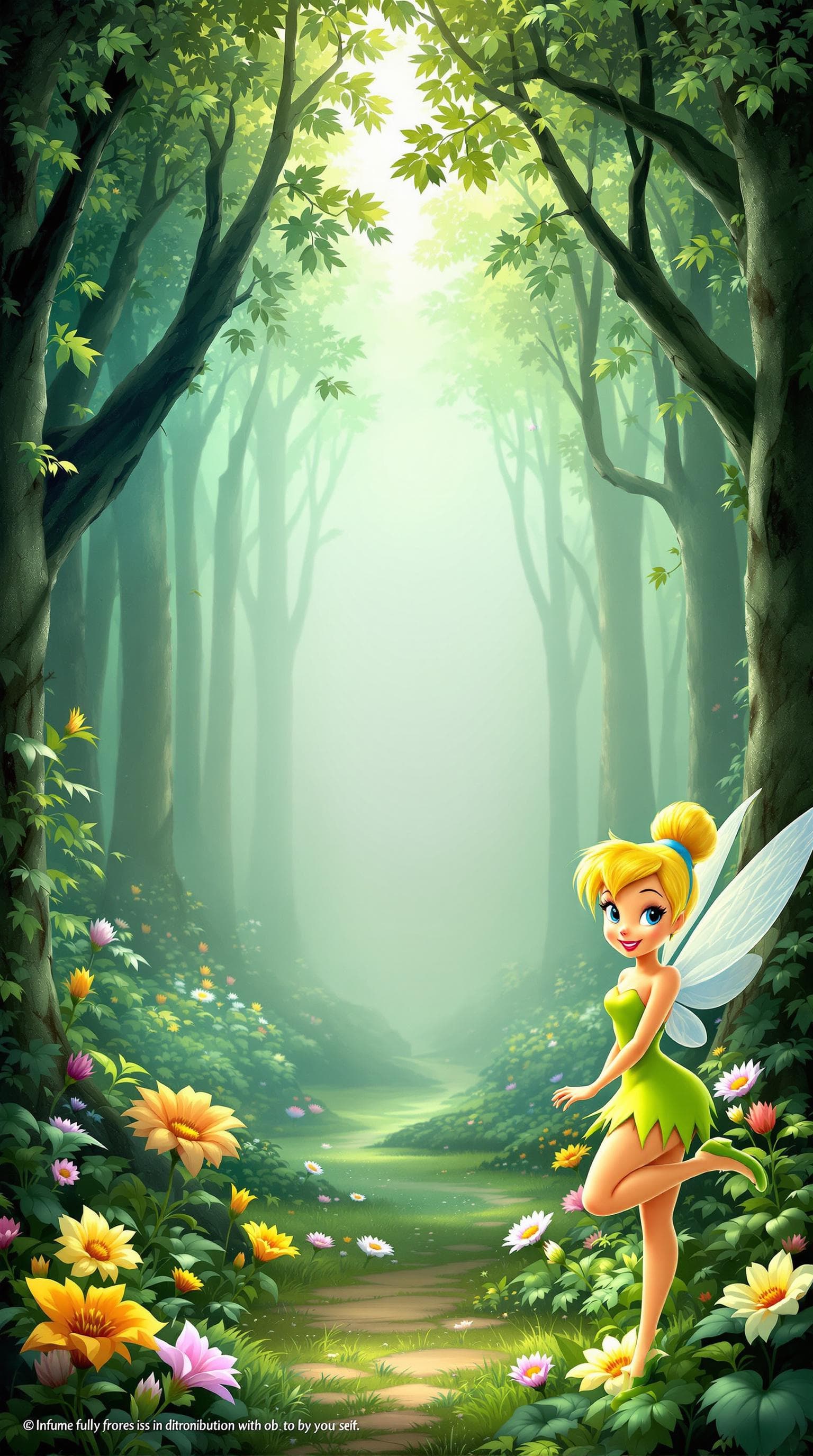 AI generated: birthday invitation, whatsapp format, tinkerbell theme, forest background with flowers, green, tinke...