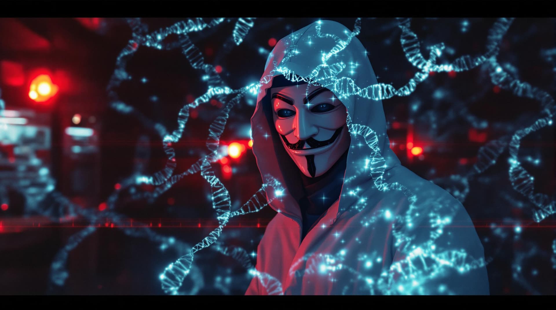AI generated: Anonymous scientist in blurred lab coat, holographic DNA strands, red emergency lights, security cam...