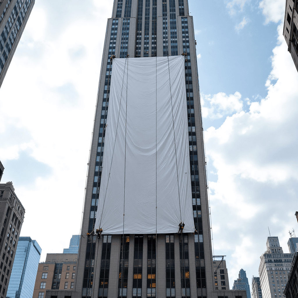 AI generated: The iconic Empire State Building in New York City, with a team of workers carefully installing a mas...