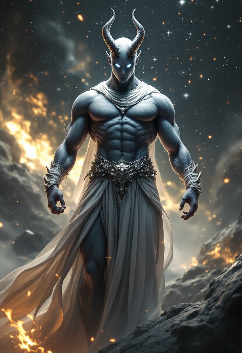 AI generated: God of Neutrality, full-body, Etherial, muscular, No mouth or hair, Glowing grey eyes, epic, cinemat...