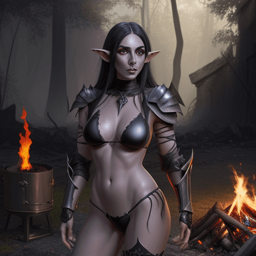 AI generated: A realistic Dark elf witch with pale oily Skin and black messy hair wasp waist in a dnd Style bikini...