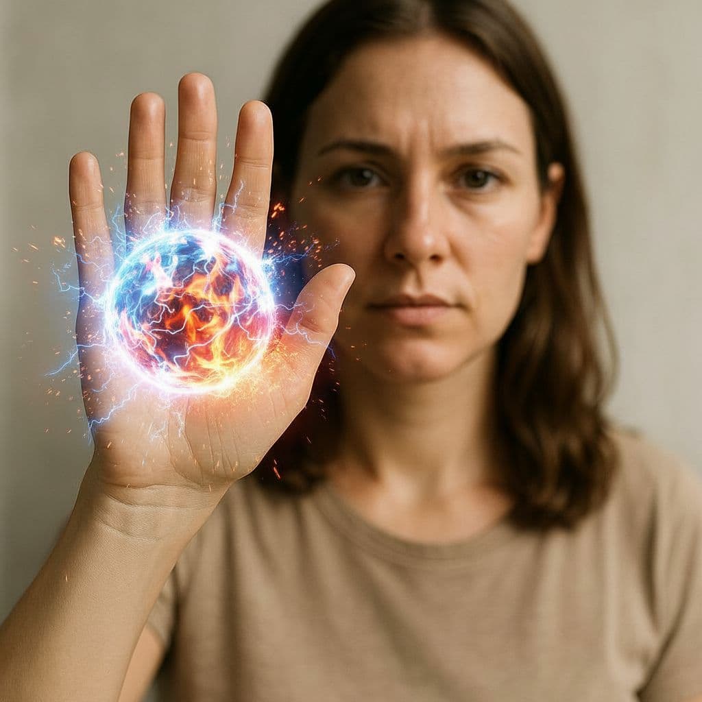 AI generated: Add an energy ball with sparks and fire above the woman’s hand.
