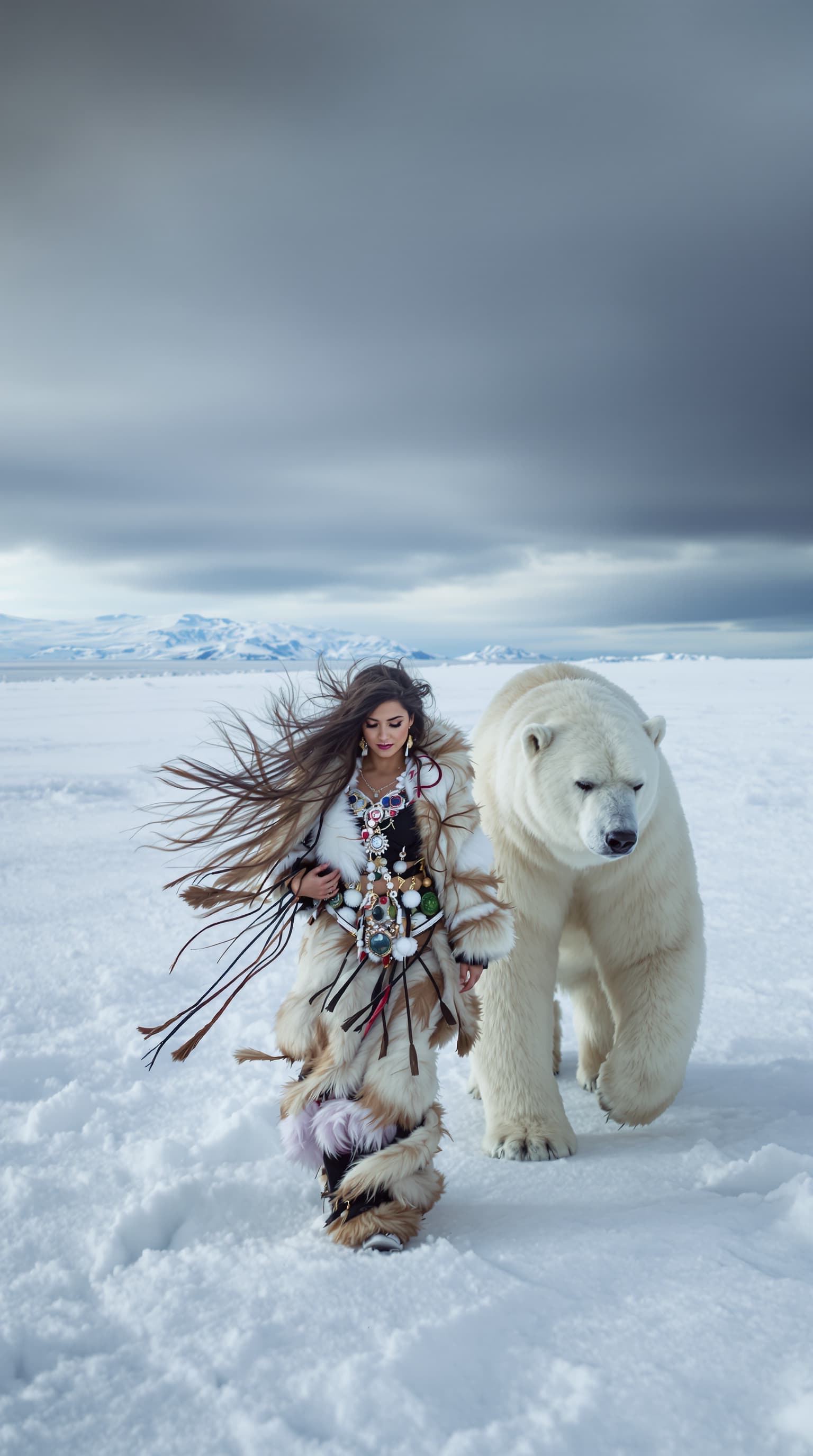 AI generated: A vast, snowy landscape with a polar bear walking alongside a woman. The woman is adorned in a fur-c...