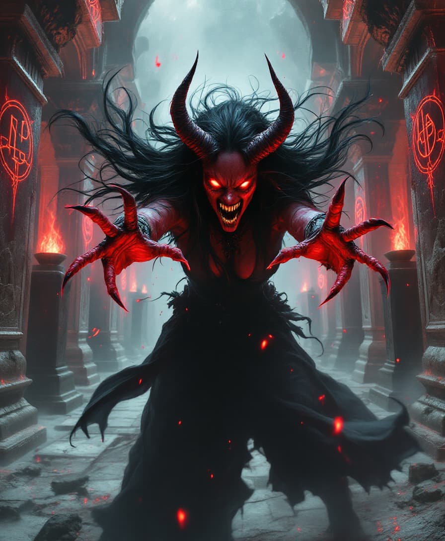 AI generated: A fearsome demonic sorceress with a red skin and menacing horns lunges directly toward the viewer, c...
