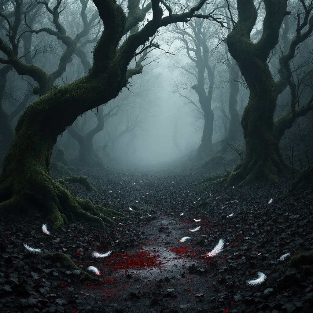 AI generated: /scene A grayscale forest clearing in misty ancient Britain. Moss-covered, twisted trees frame a sil...