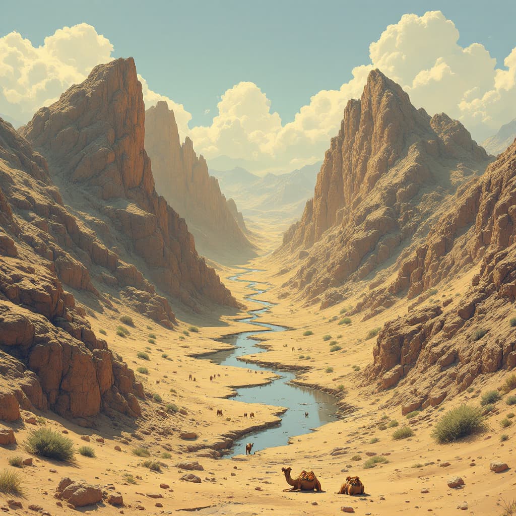 AI generated: There are two mountains in war, and between these mountains there is a camel doing the splits
