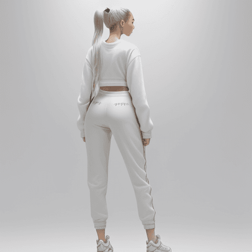 AI generated: standing up figure, fluffy white long clothing, ponytail, female, tall, slim, light skin, gray backg...