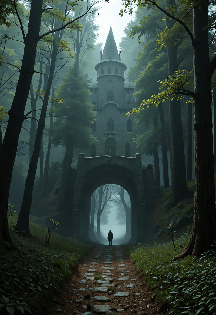 AI generated: Dreamscape A dense, fog-enshrouded valley where ancient, tree-like organisms rise from the ground, t...