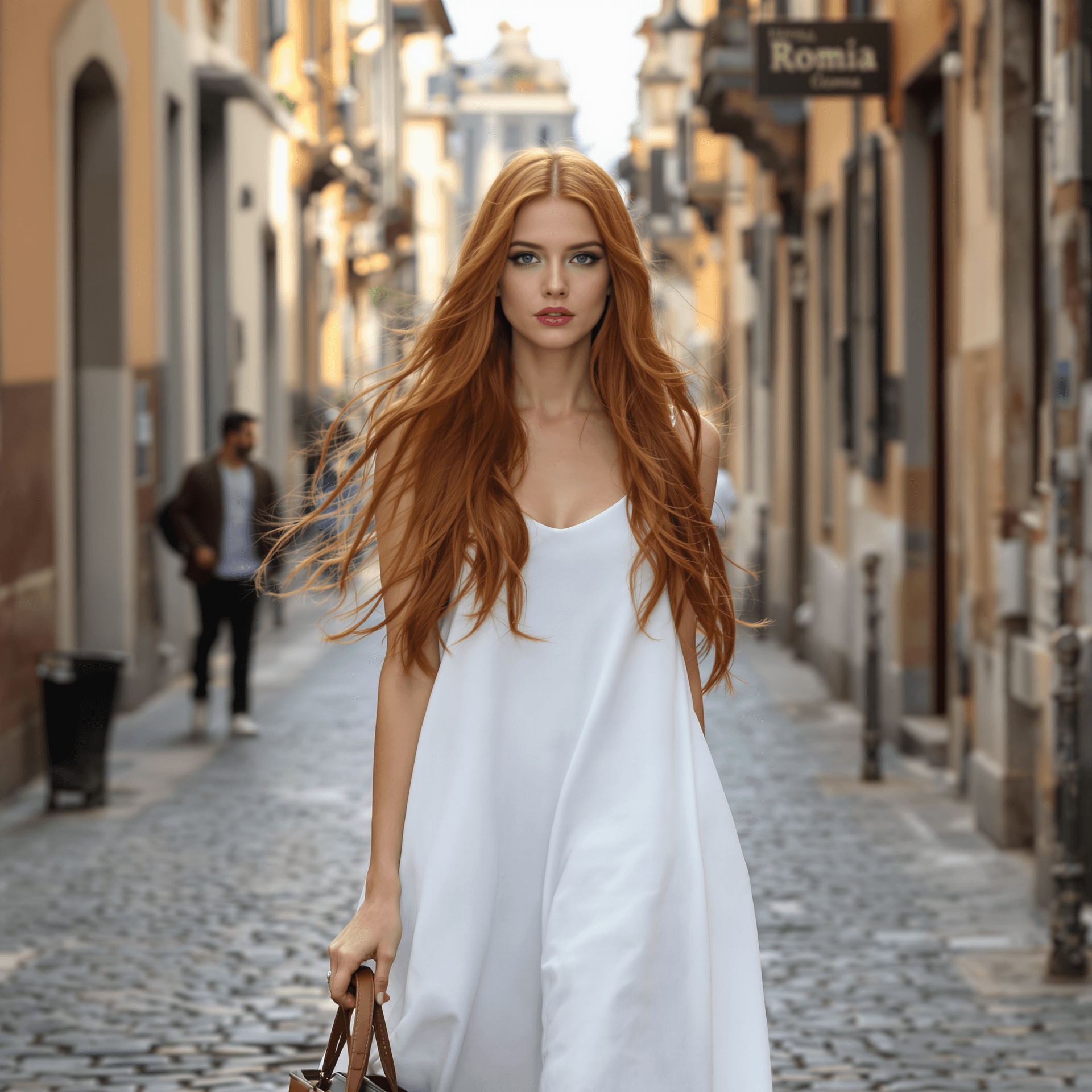 AI generated: a professional photo of an exceptionally beautiful 25 years old girl Walking in Roma, She wears a wh...