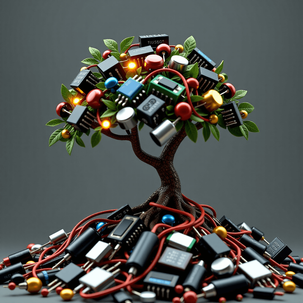 AI generated: a tree growing through a pile of e-waste, its branches adorned with glowing capacitors and resistors...