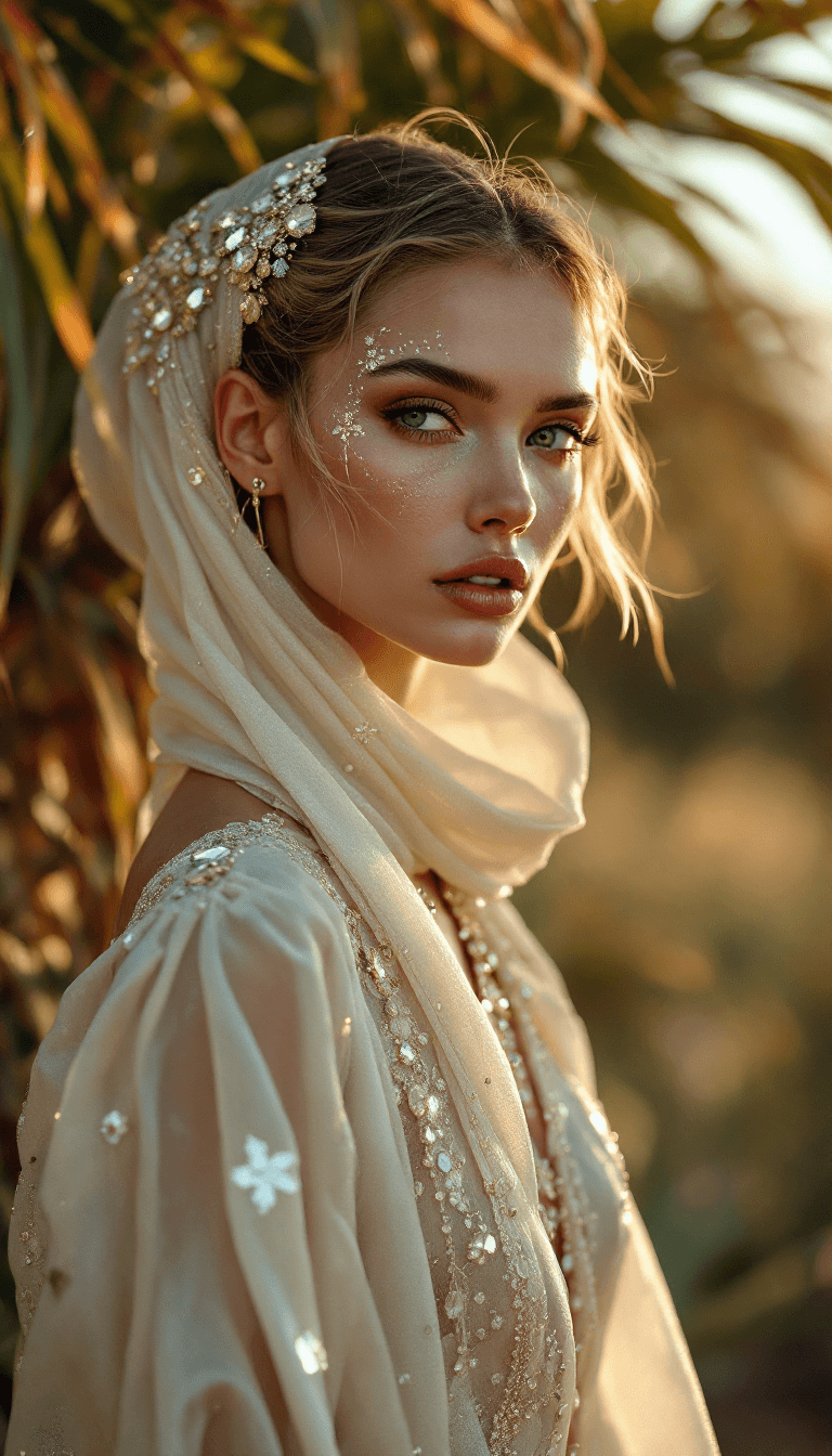 AI generated: fashion editorial shot by Tim Walker in a Moroccan farm, luxury silk resort wear, gorgeous female mo...