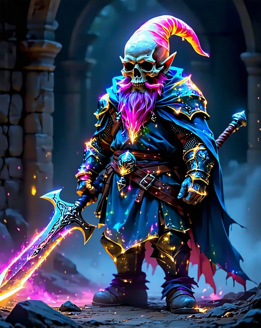 AI generated: 16K UHD, Photorealistic Image of A Vivid Colorized Gnome Biotech Warrior with a Haunted Skull for a ...