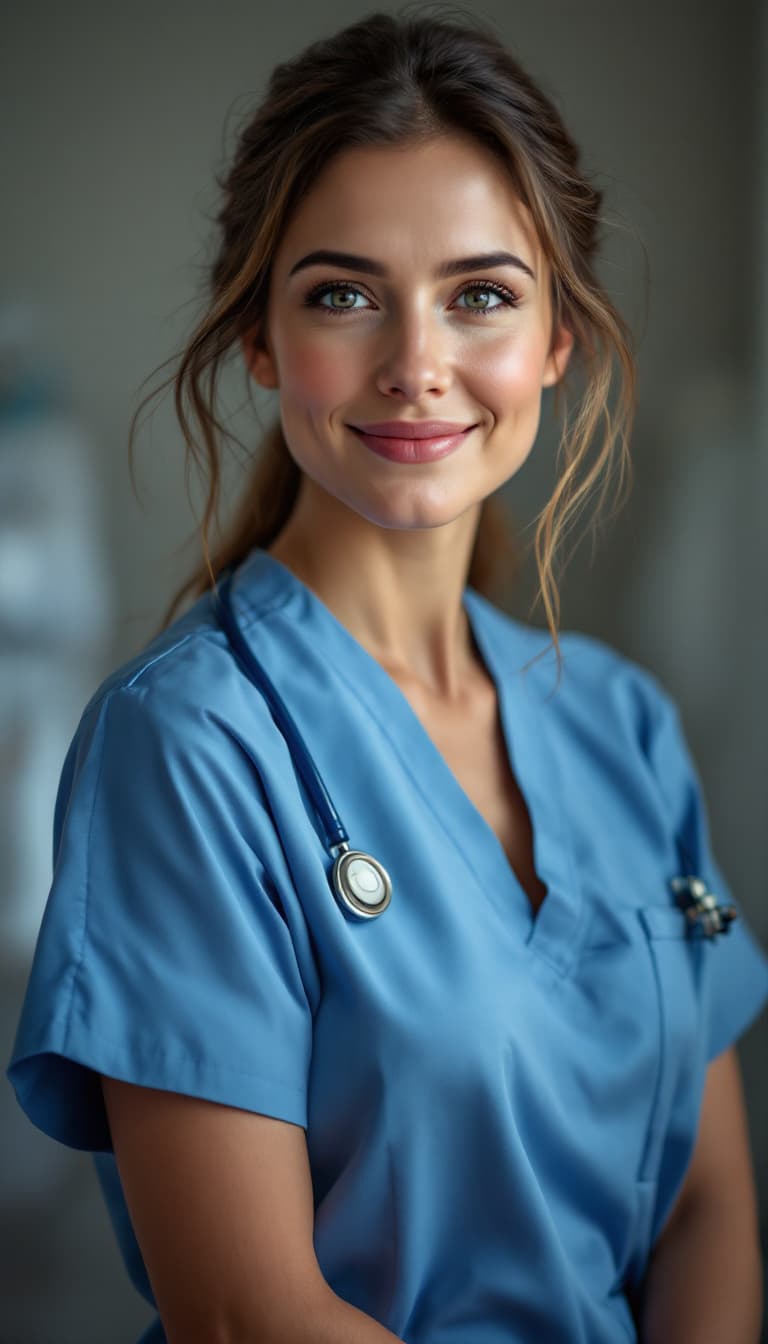 AI generated: A compassionate and tender portrait of a caring American nurse. She's portrayed in a quiet moment, h...