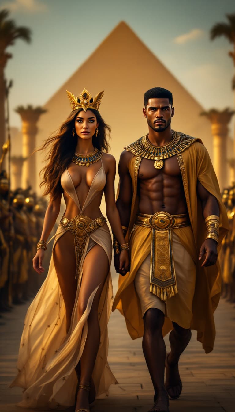 AI generated: An Egyptian man and woman walking side by side in a royal parade. The woman has golden skin and long...
