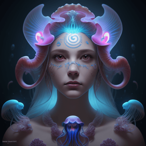 AI generated: Goddess close-up portrait ribcagel. jellyfish phoenix head, nautilus, orchid, skull, betta fish, bio...